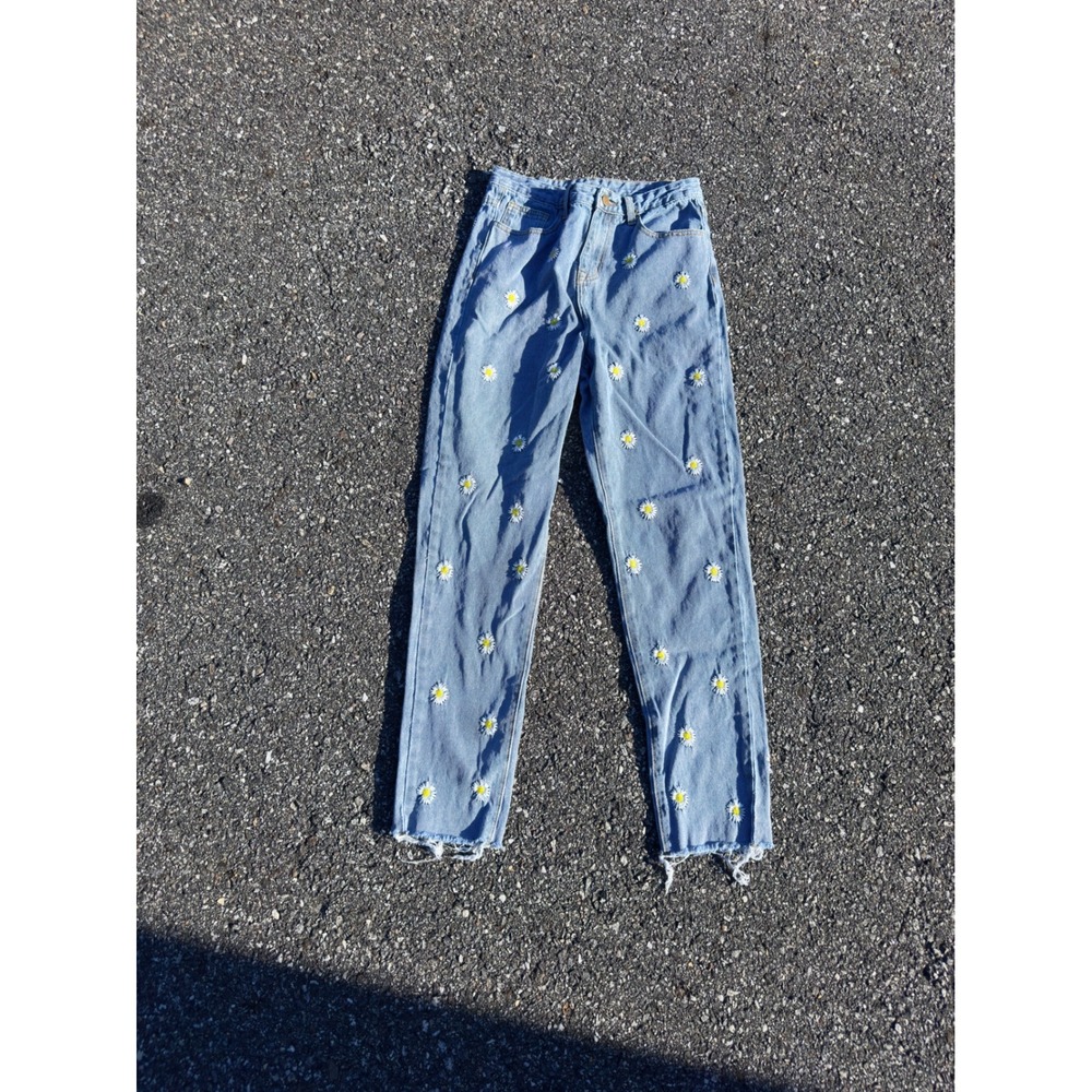 Daisy Embroidered Light Wash Straight Leg Jeans with Frayed Hem Floral Denim